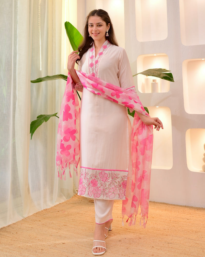 Blush Pink Floral Threadwork Mul Chanderi Suit
