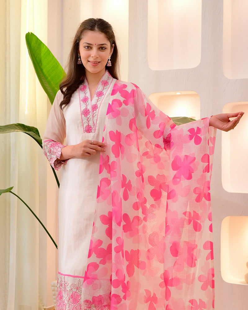 Blush Pink Floral Threadwork Mul Chanderi Suit