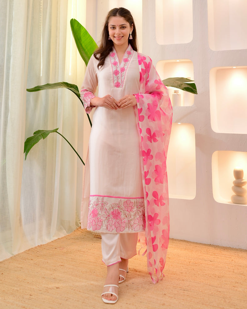 Blush Pink Floral Threadwork Mul Chanderi Suit
