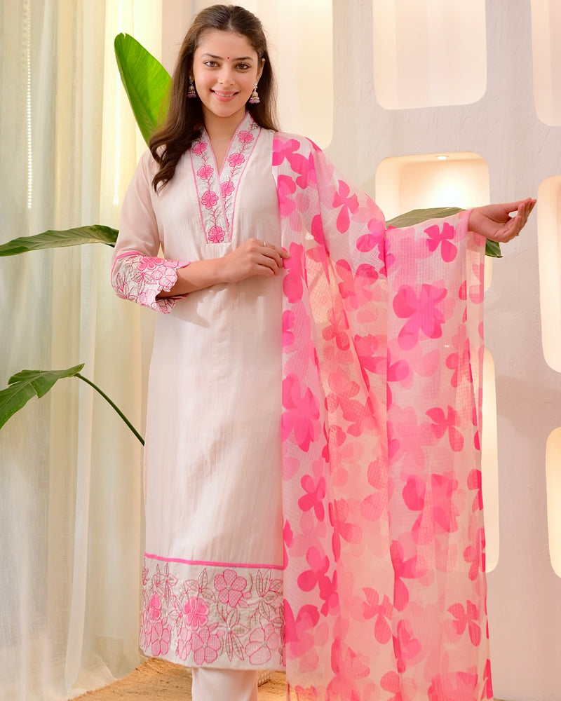 Blush Pink Floral Threadwork Mul Chanderi Suit