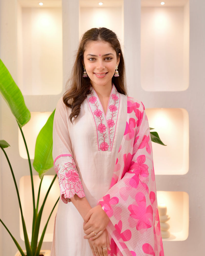 Blush Pink Floral Threadwork Mul Chanderi Suit