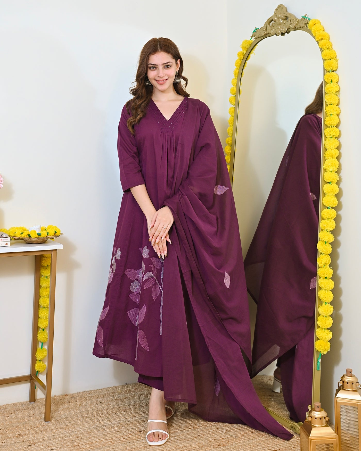 Magenta Mul Cotton Pintex Threadwork A Line Suit