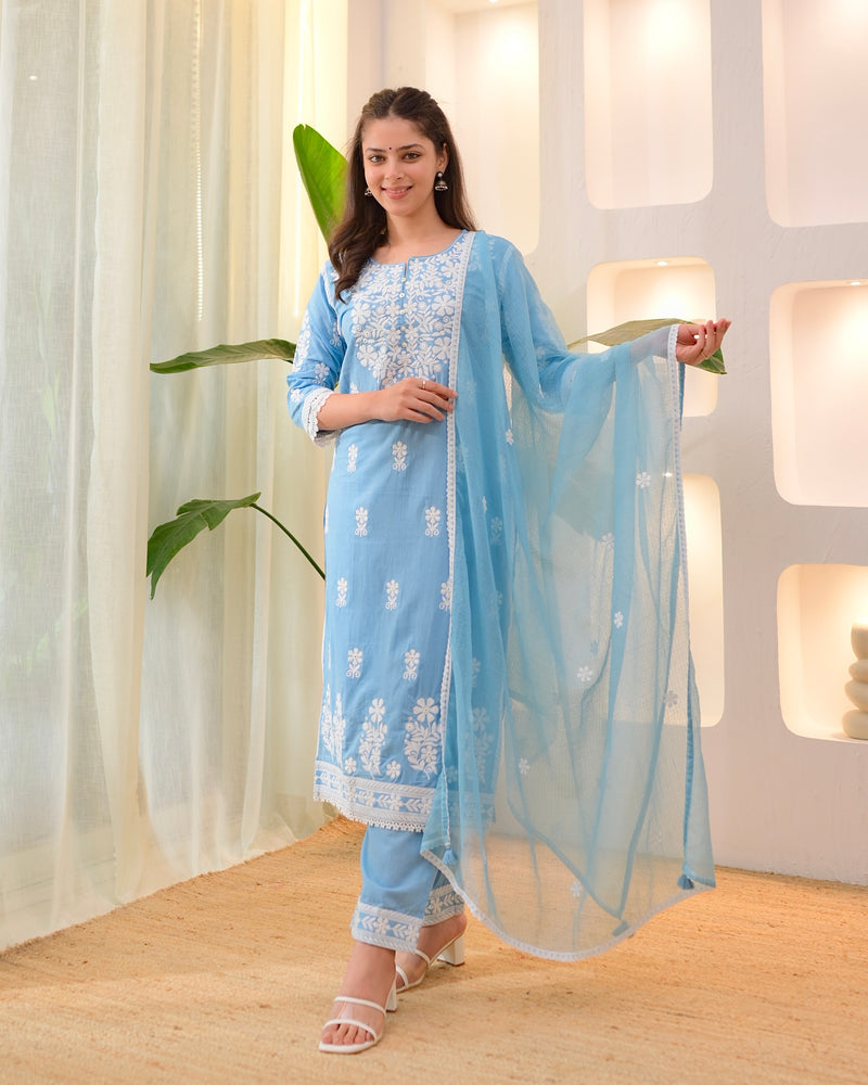 Blue Premium Cotton Lucknowi Suit