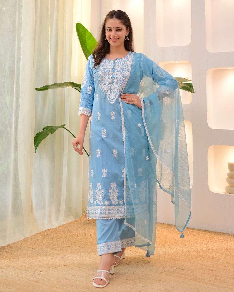 Blue Premium Cotton Lucknowi Suit