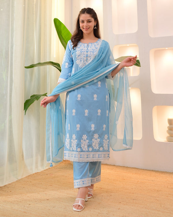Blue Premium Cotton Lucknowi Suit
