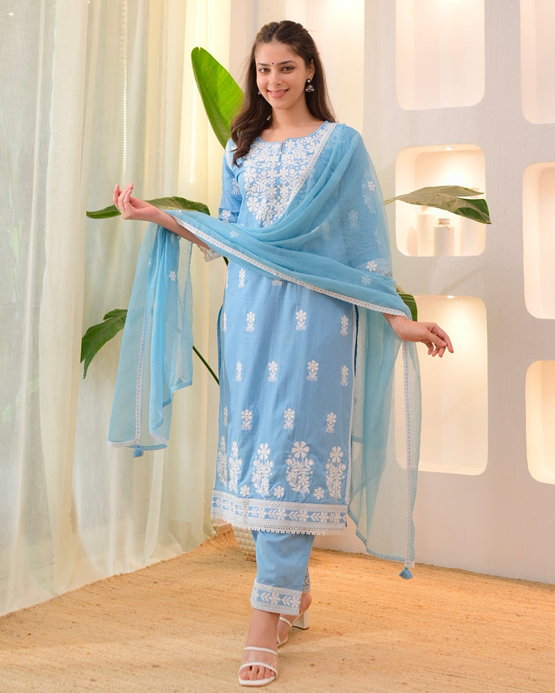 Blue Premium Cotton Lucknowi Suit