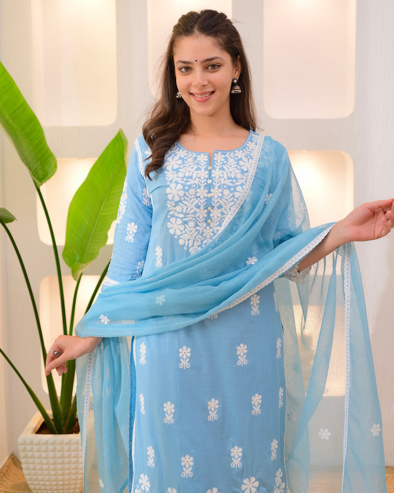 Blue Premium Cotton Lucknowi Suit