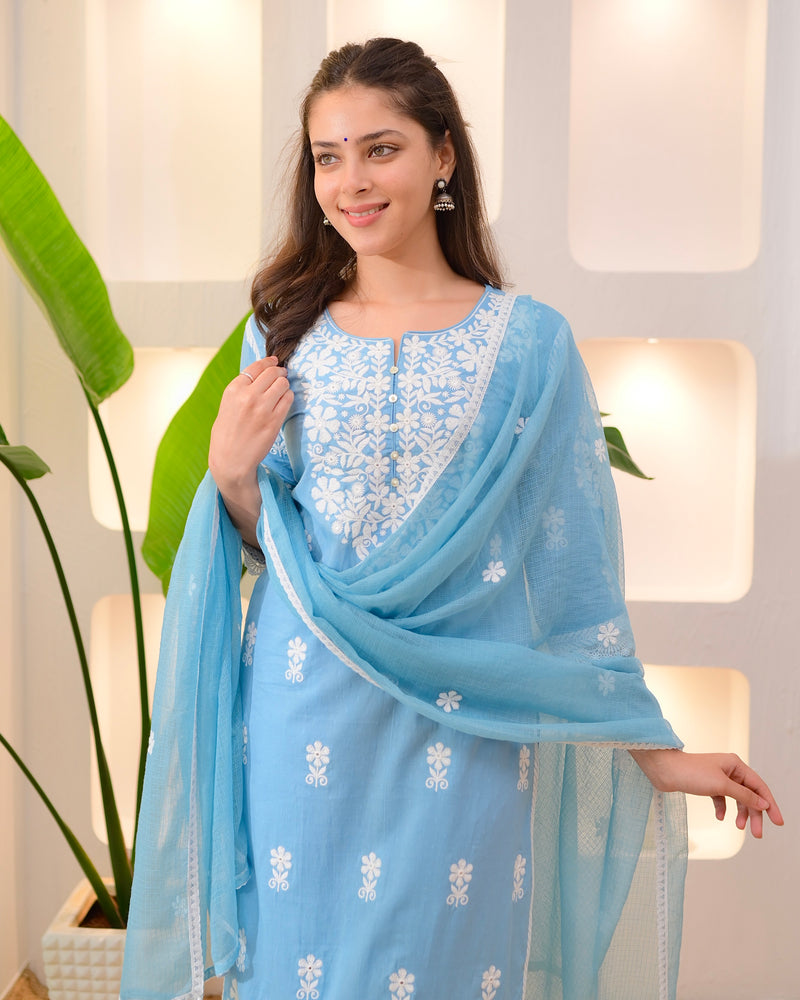Blue Premium Cotton Lucknowi Suit