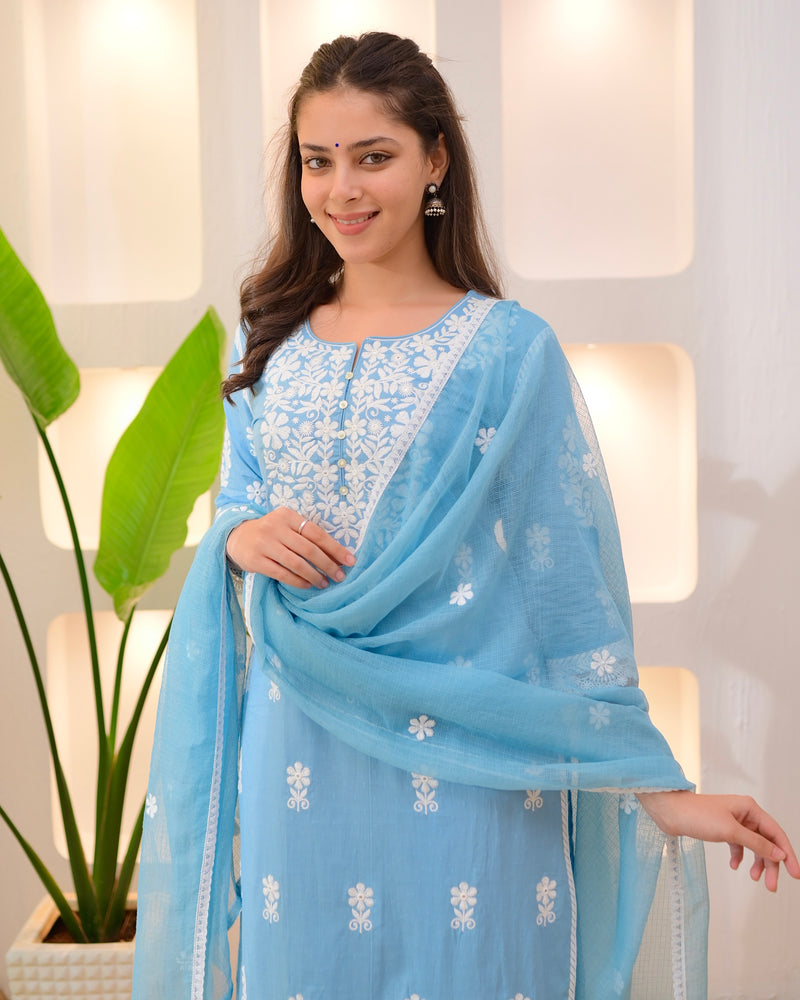 Blue Premium Cotton Lucknowi Suit