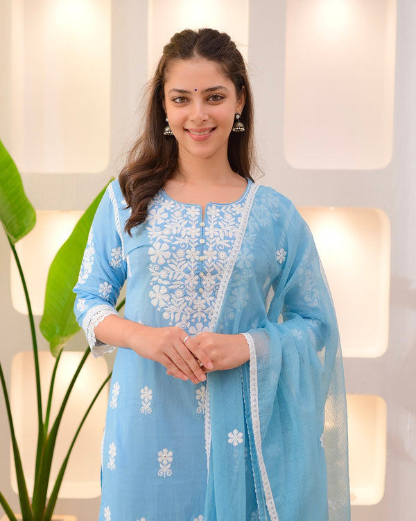 Blue Premium Cotton Lucknowi Suit