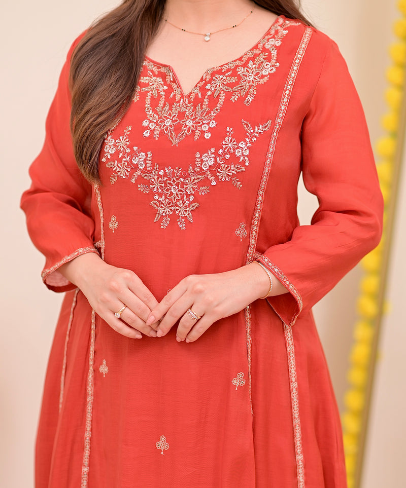 Tangerine Noor Handwork Mul Chanderi A Line Suit