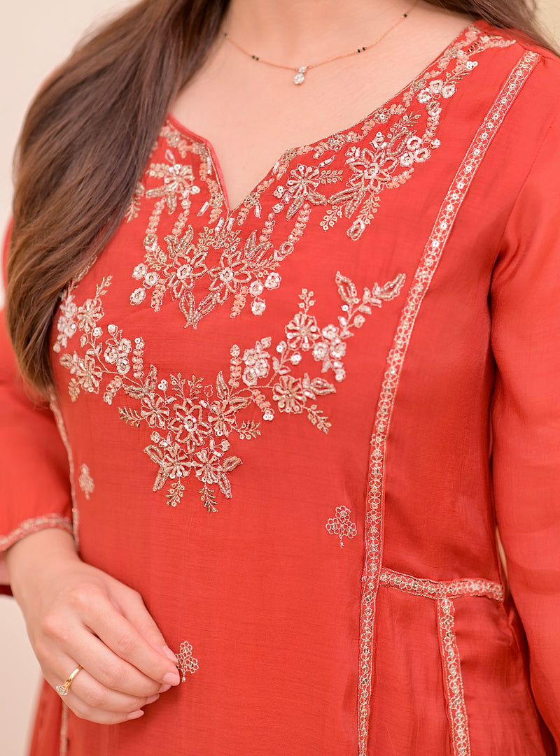 Tangerine Noor Handwork Mul Chanderi A Line Suit