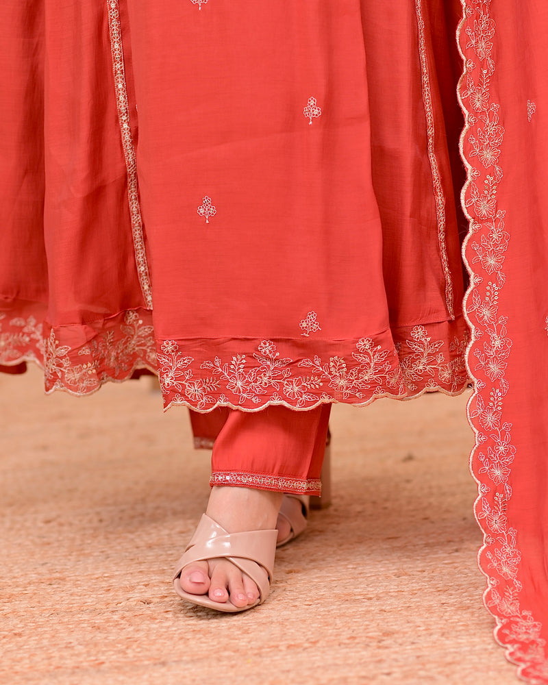 Tangerine Noor Handwork Mul Chanderi A Line Suit