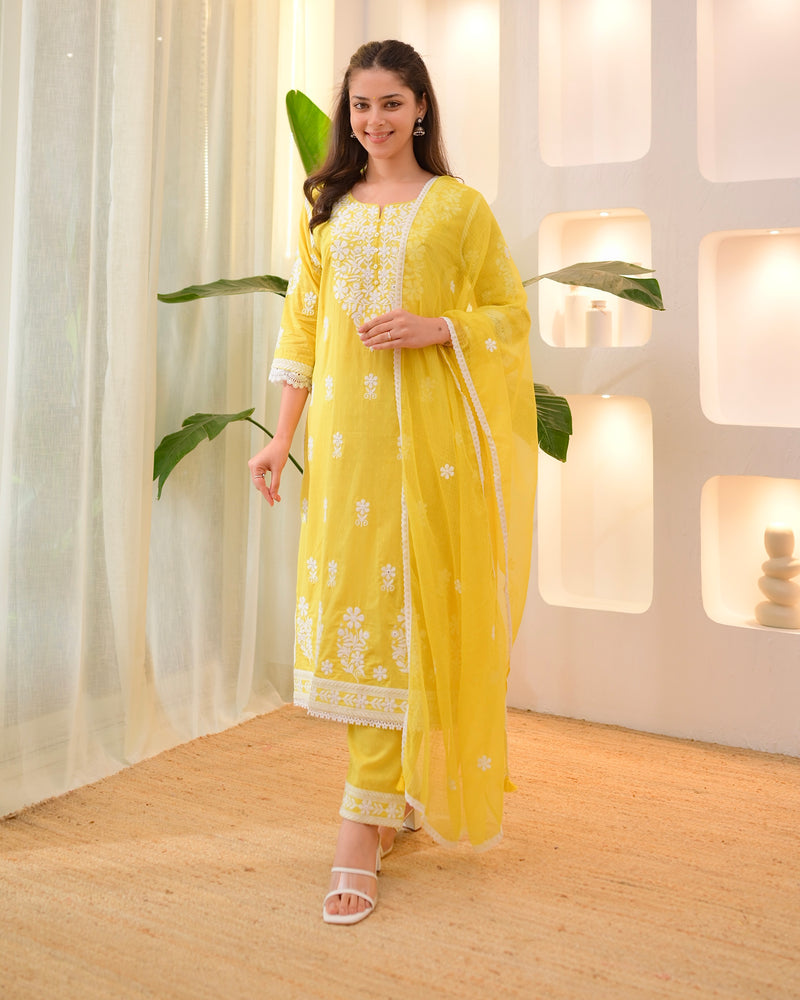 Yellow Premium Cotton Lucknowi Suit