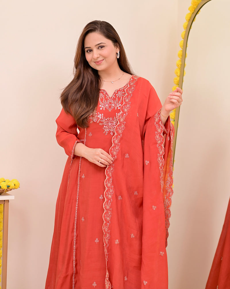 Tangerine Noor Handwork Mul Chanderi A Line Suit