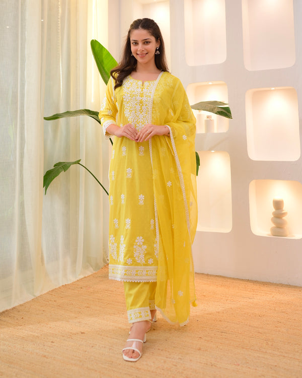 Yellow Premium Cotton Lucknowi Suit