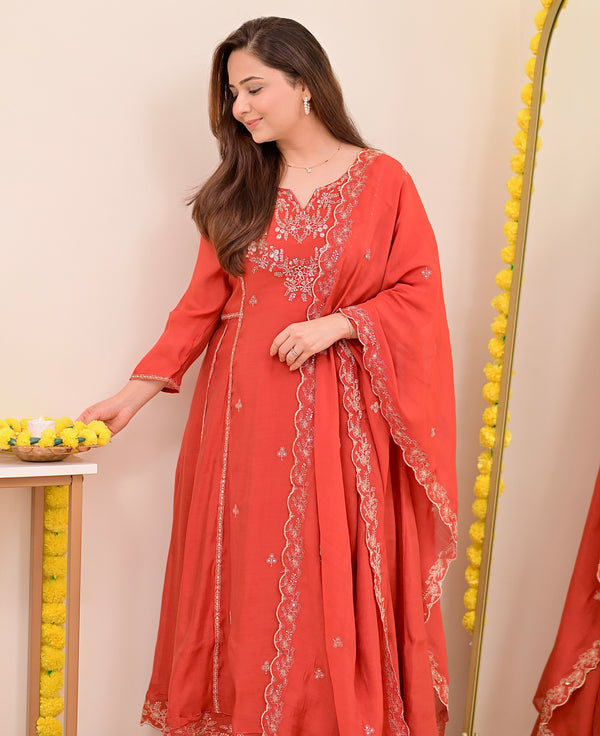 Tangerine Noor Handwork Mul Chanderi A Line Suit