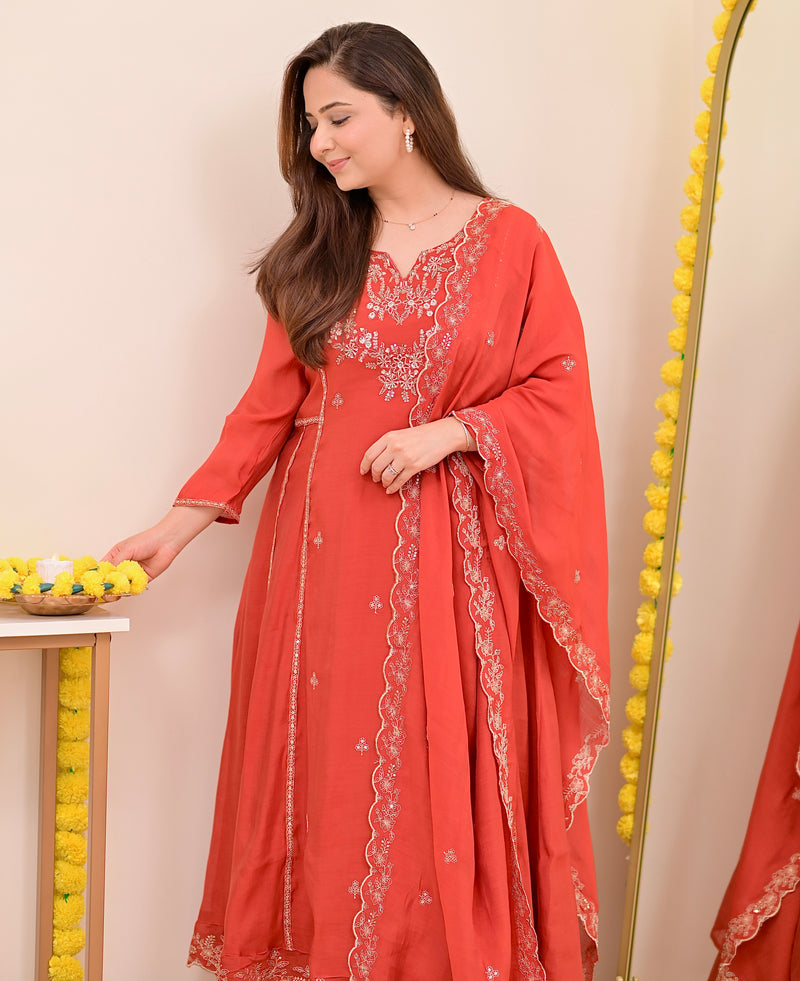 Tangerine Noor Handwork Mul Chanderi A Line Suit