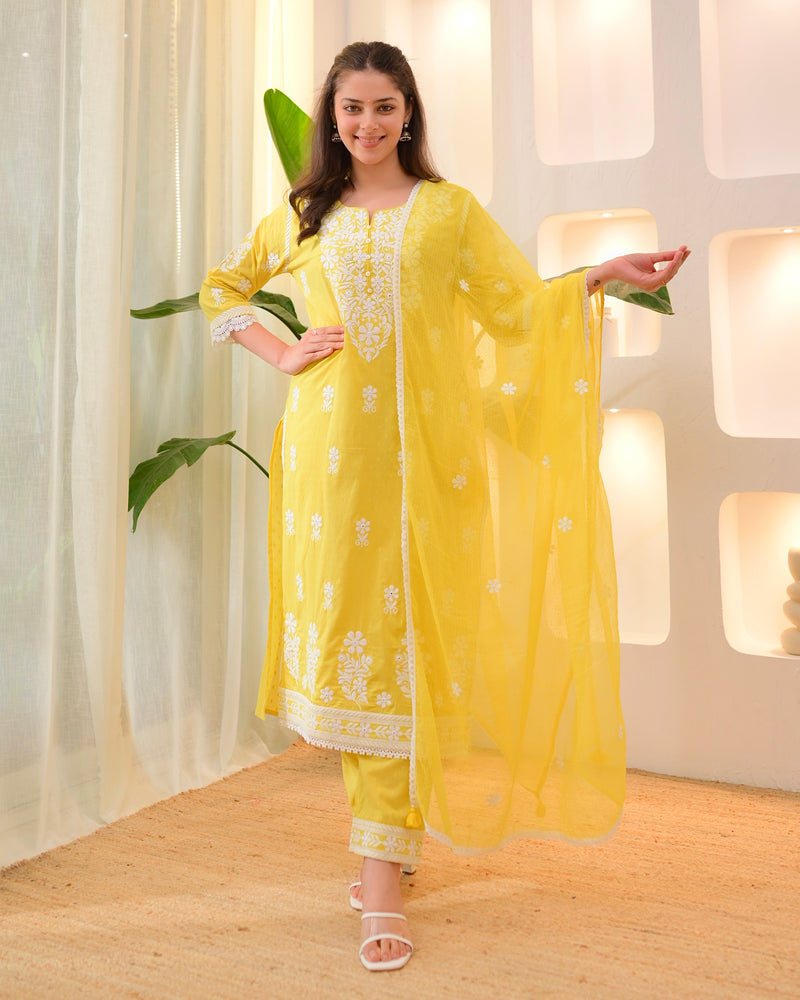 Yellow Premium Cotton Lucknowi Suit