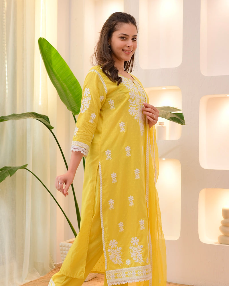 Yellow Premium Cotton Lucknowi Suit