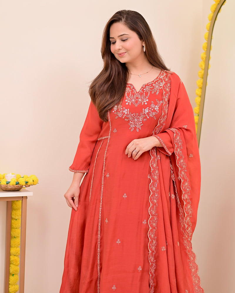 Tangerine Noor Handwork Mul Chanderi A Line Suit