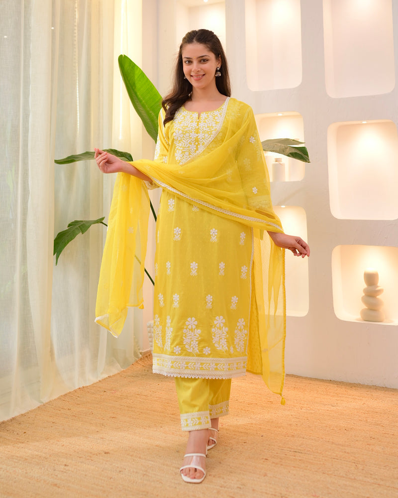 Yellow Premium Cotton Lucknowi Suit