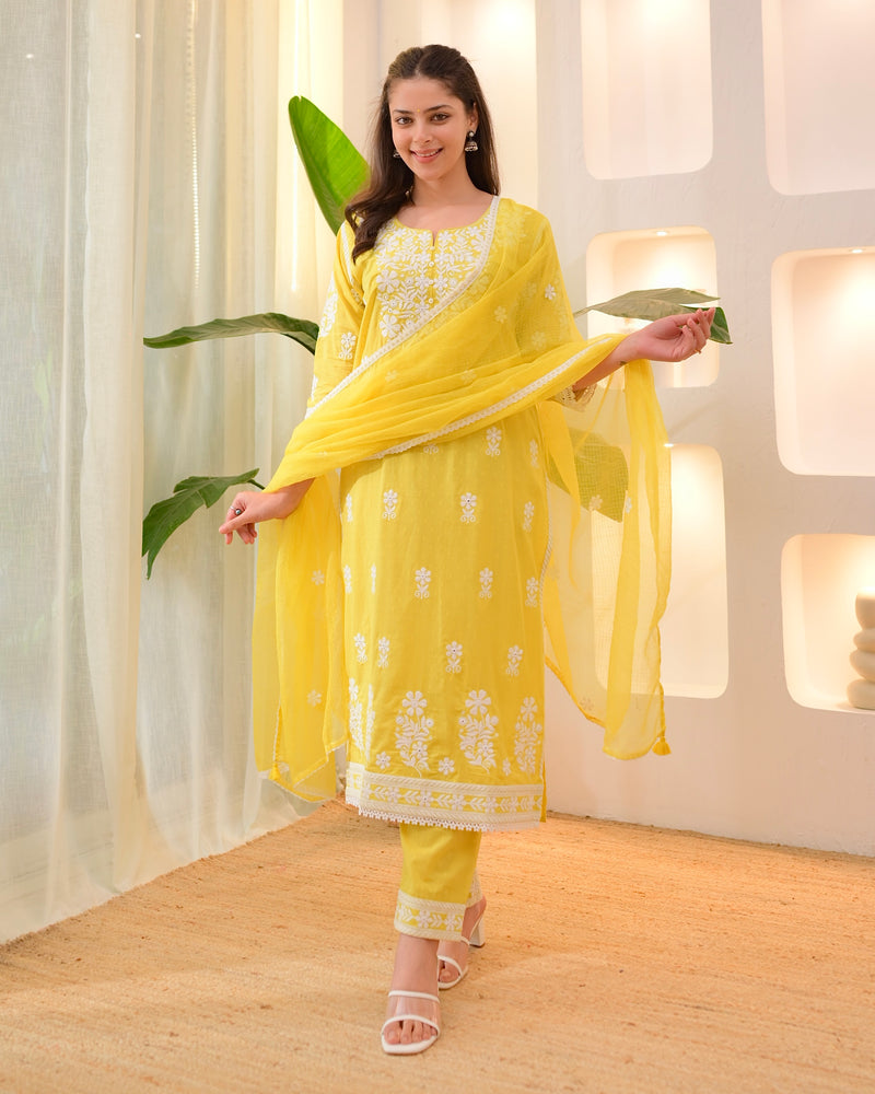 Yellow Premium Cotton Lucknowi Suit