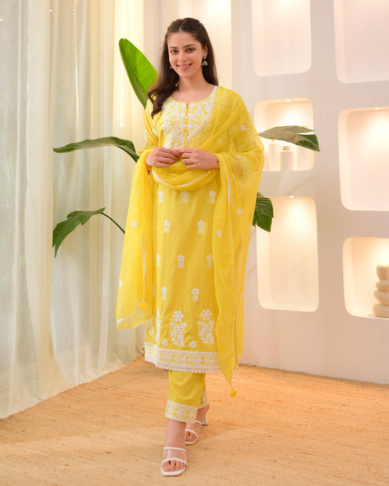 Yellow Premium Cotton Lucknowi Suit