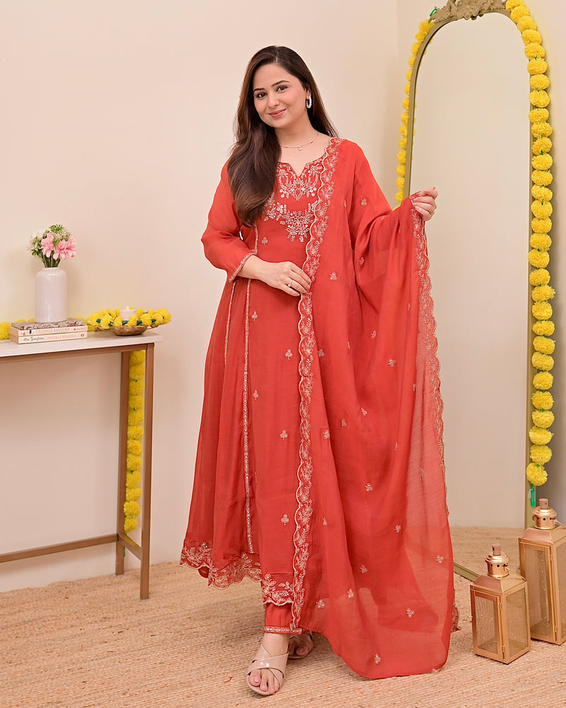 Tangerine Noor Handwork Mul Chanderi A Line Suit