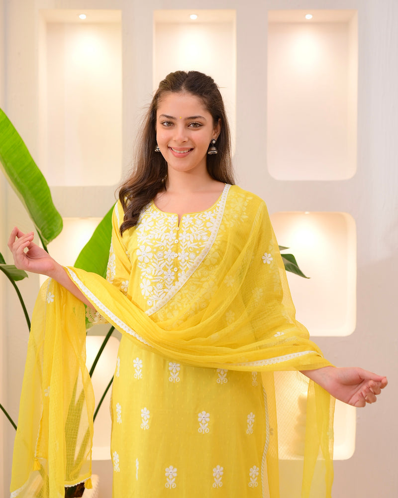 Yellow Premium Cotton Lucknowi Suit