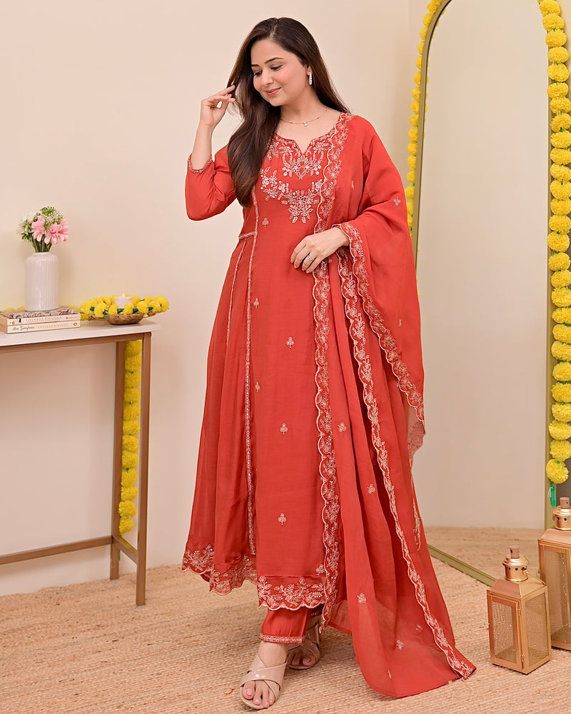 Tangerine Noor Handwork Mul Chanderi A Line Suit