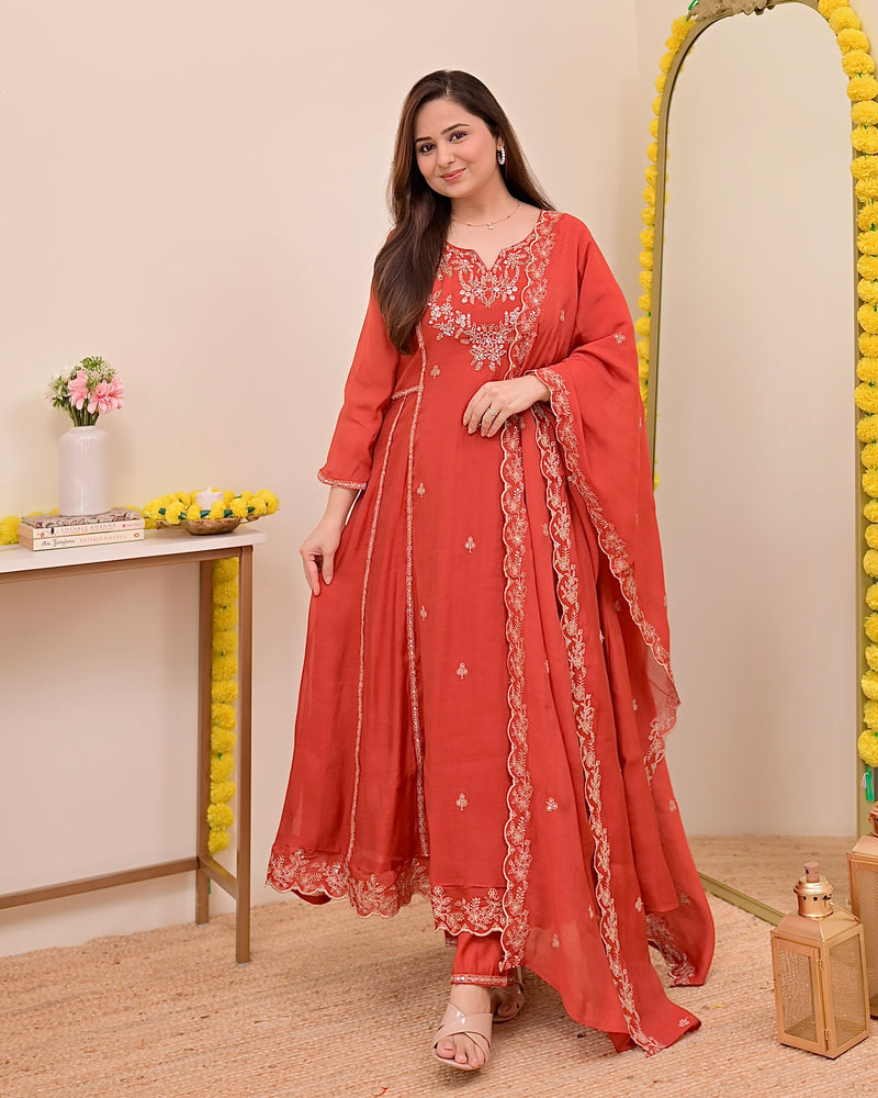 Tangerine Noor Handwork Mul Chanderi A Line Suit