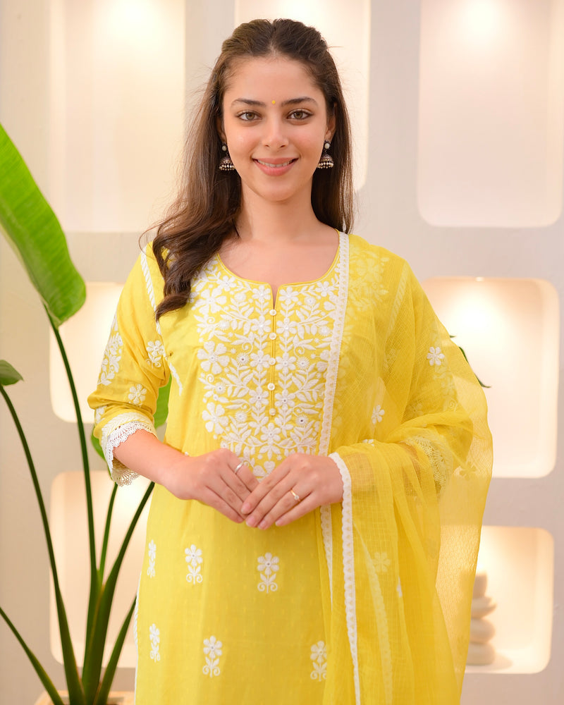 Yellow Premium Cotton Lucknowi Suit