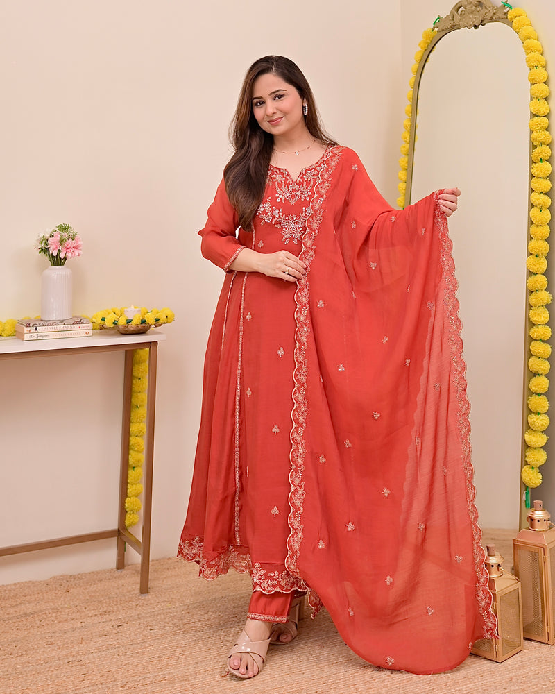 Tangerine Noor Handwork Mul Chanderi A Line Suit