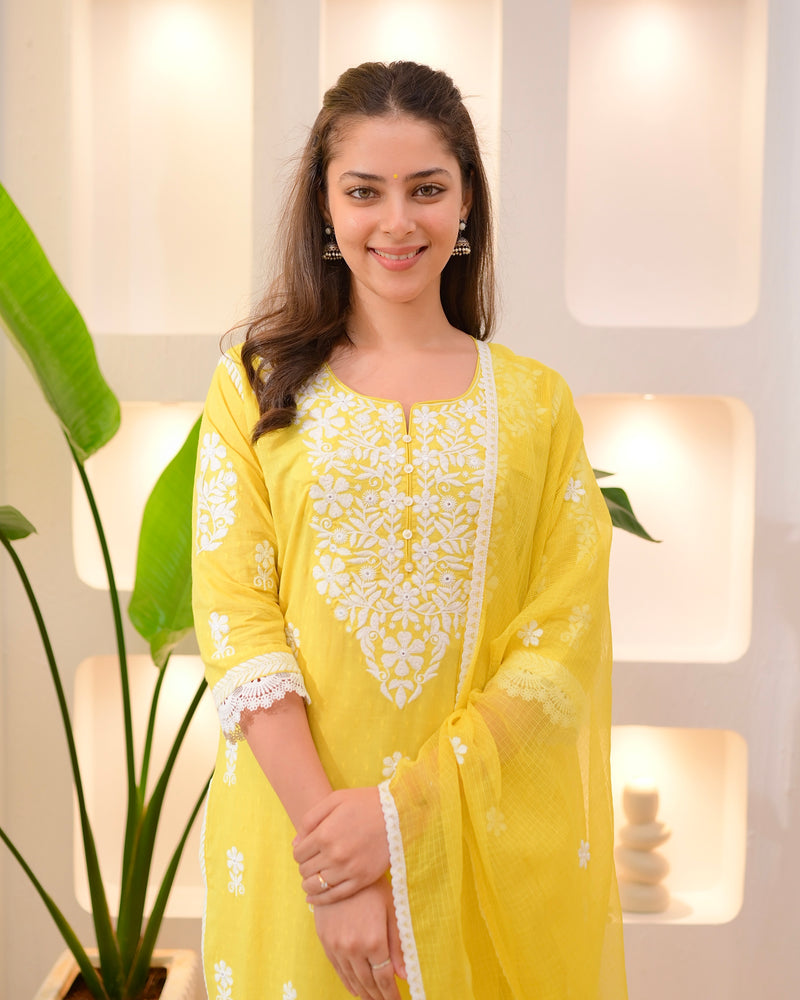 Yellow Premium Cotton Lucknowi Suit