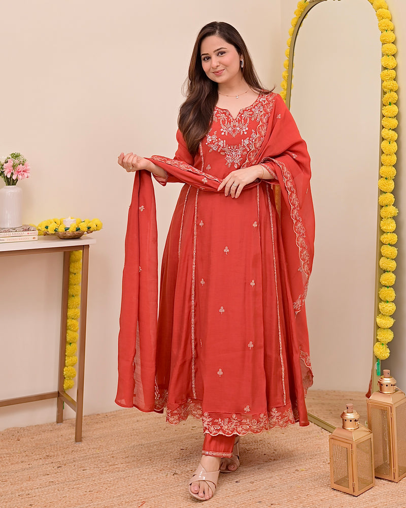 Tangerine Noor Handwork Mul Chanderi A Line Suit