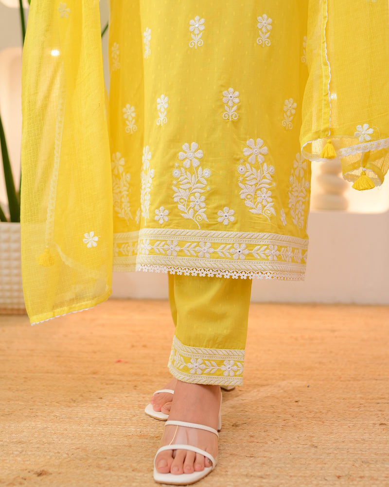 Yellow Premium Cotton Lucknowi Suit