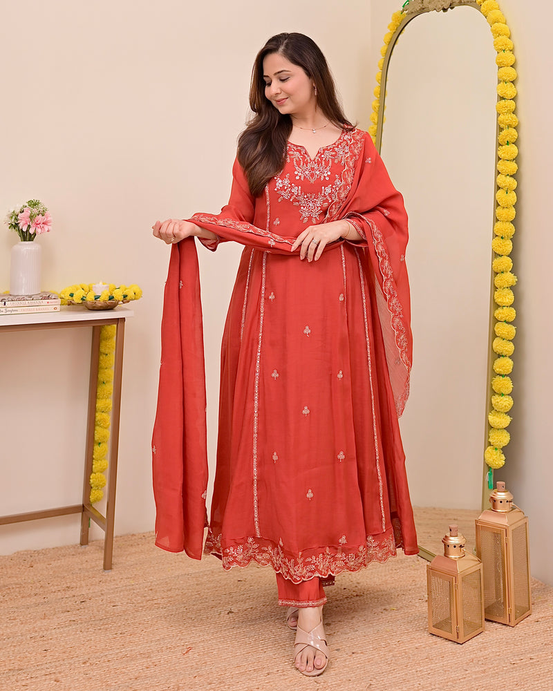 Tangerine Noor Handwork Mul Chanderi A Line Suit