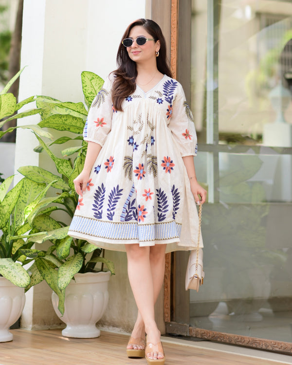 Ivory Blue Boho Botanica Threadwork Cotton Dress
