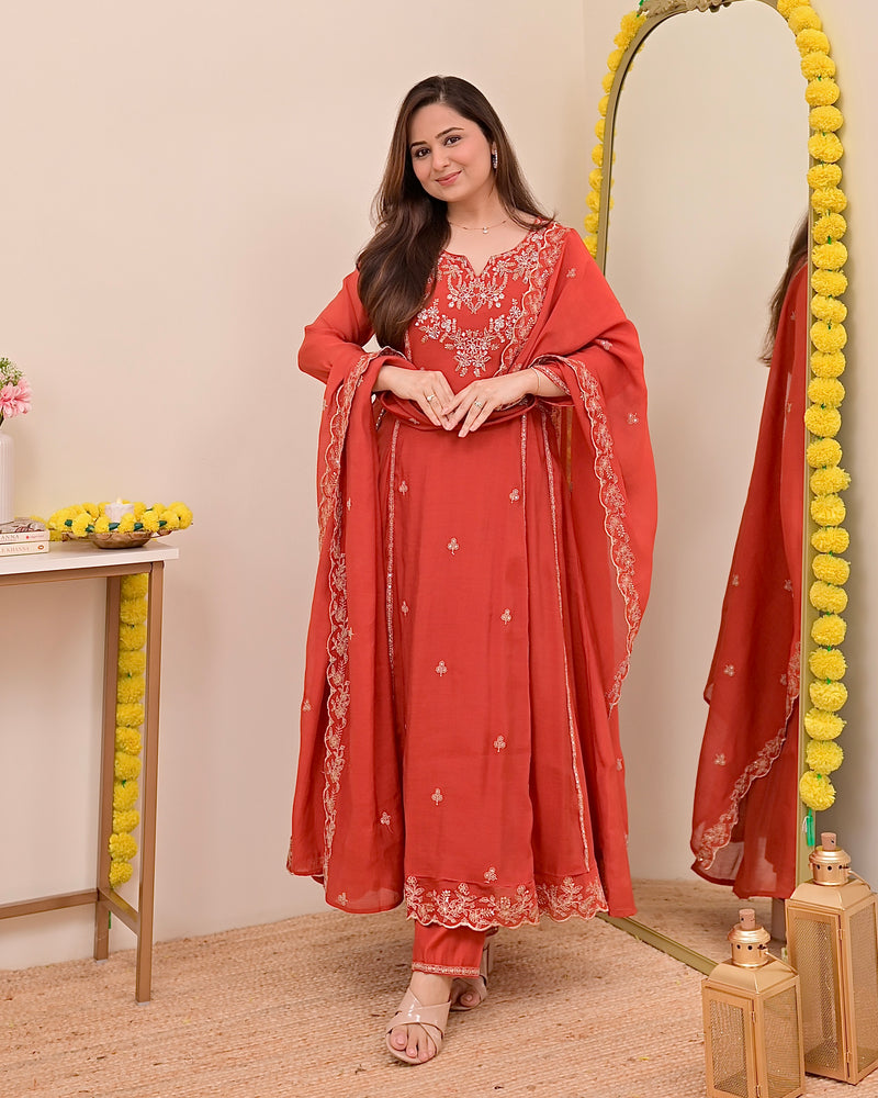 Tangerine Noor Handwork Mul Chanderi A Line Suit