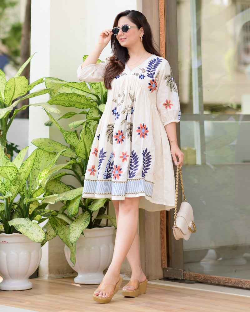 Ivory Blue Boho Botanica Threadwork Cotton Dress