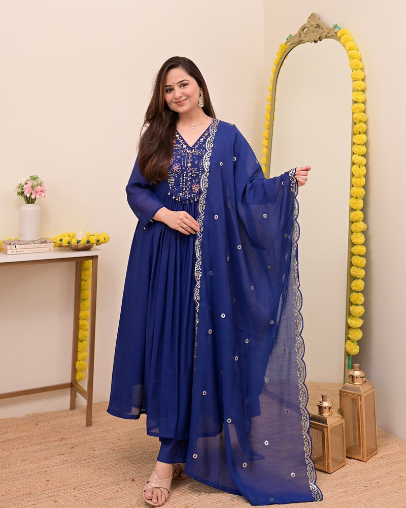 Persian Blue Noor Handwork Mul Chanderi A Line Suit