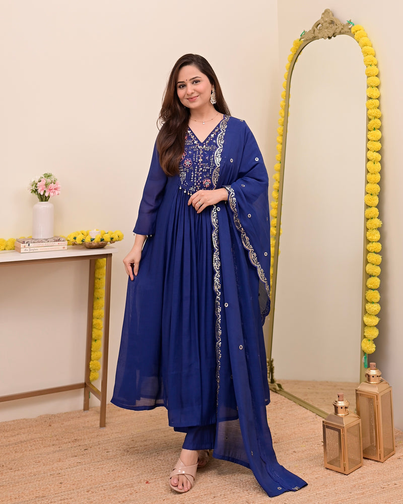 Persian Blue Noor Handwork Mul Chanderi A Line Suit
