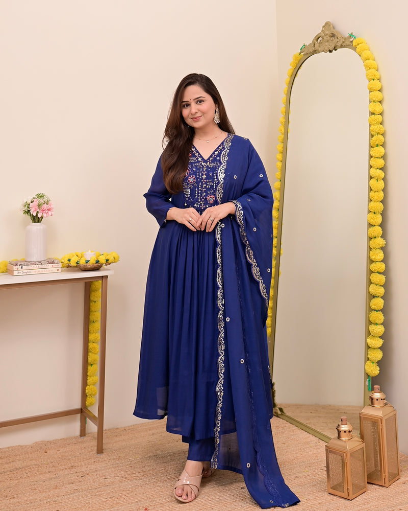 Persian Blue Noor Handwork Mul Chanderi A Line Suit