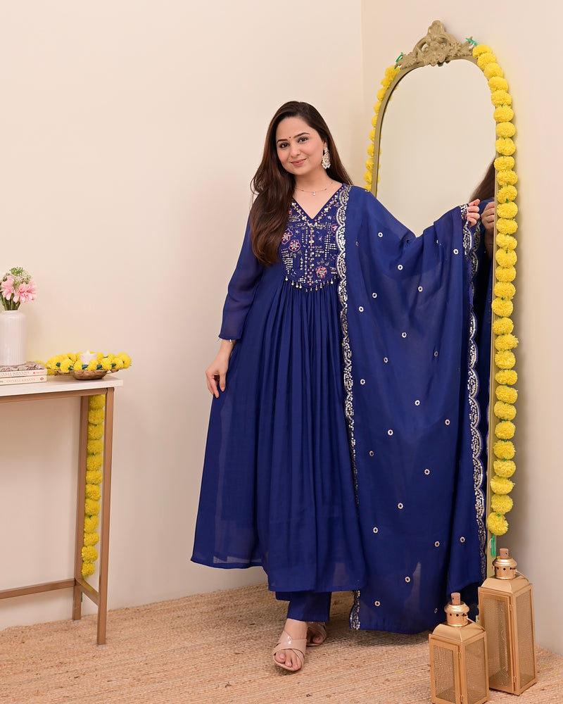 Persian Blue Noor Handwork Mul Chanderi A Line Suit