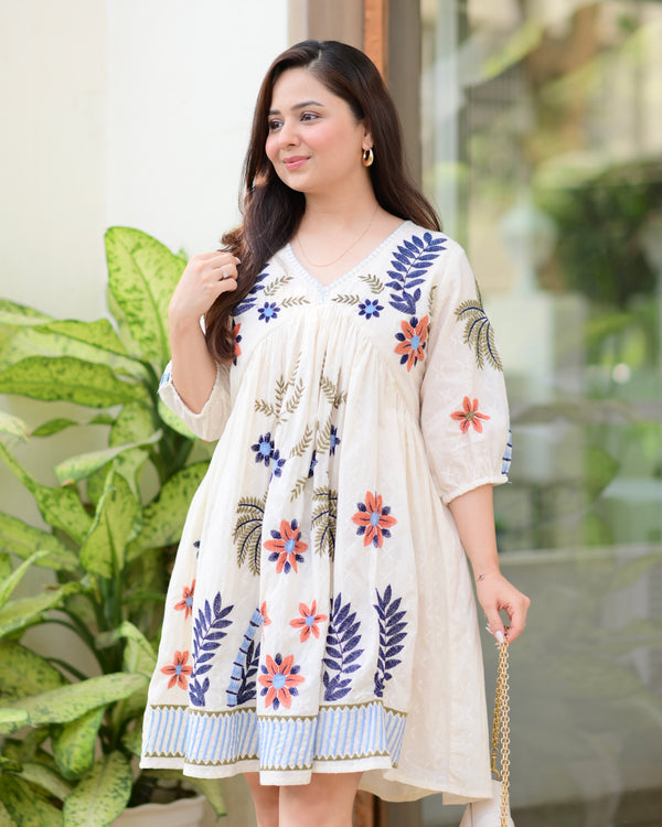 Ivory Blue Boho Botanica Threadwork Cotton Dress
