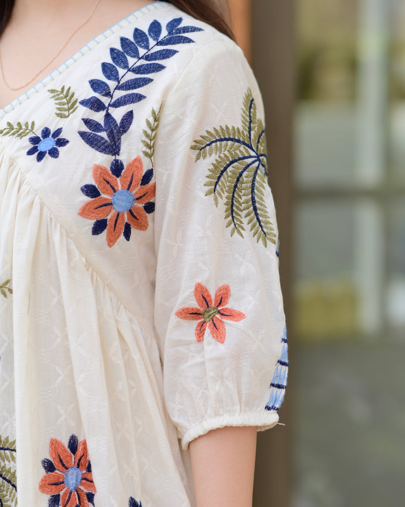 Ivory Blue Boho Botanica Threadwork Cotton Dress