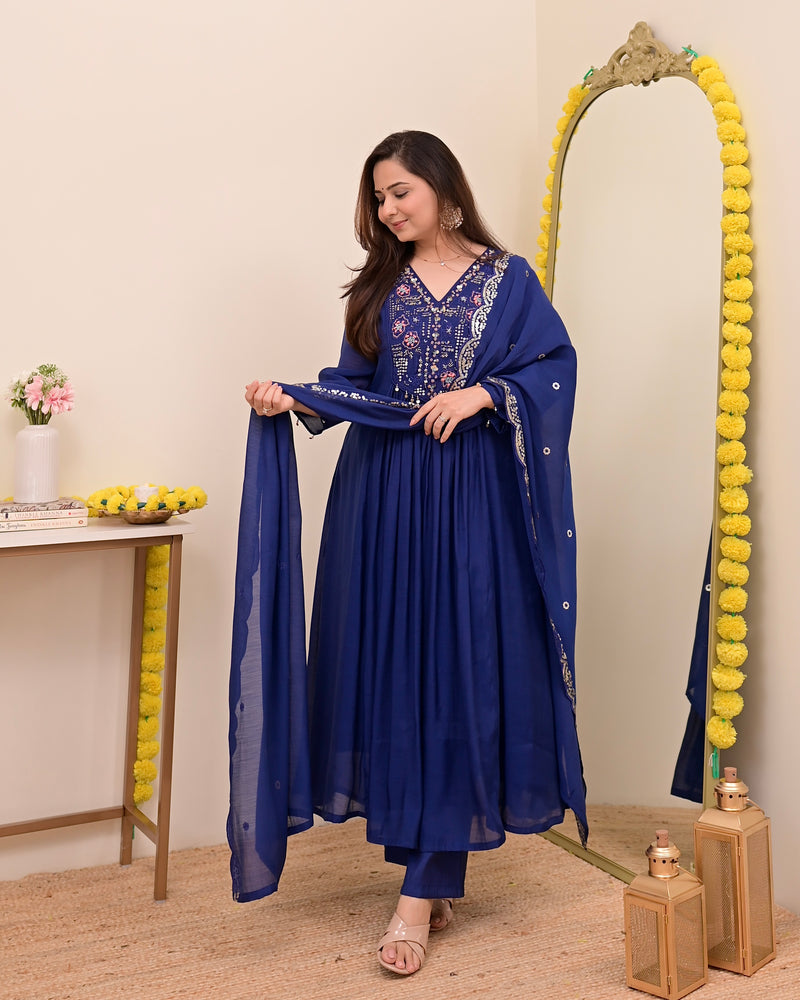 Persian Blue Noor Handwork Mul Chanderi A Line Suit
