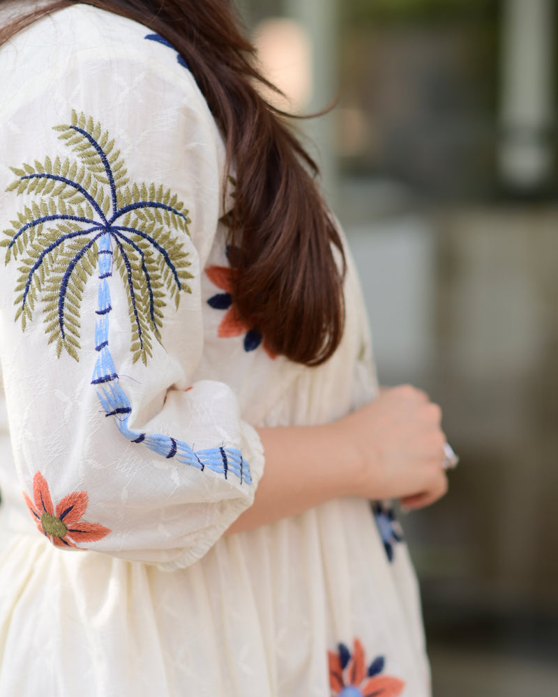 Ivory Blue Boho Botanica Threadwork Cotton Dress