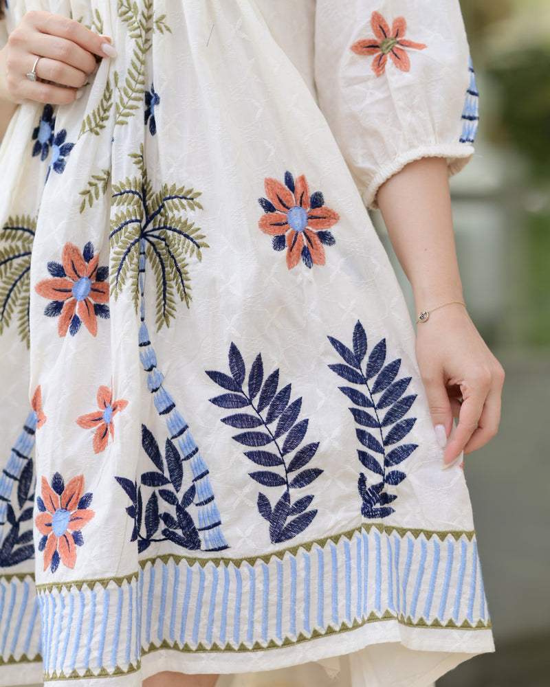 Ivory Blue Boho Botanica Threadwork Cotton Dress